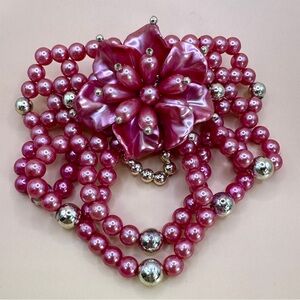 Vtg 80s Hair Clip Beaded Faux Pearl Loop HOT PINK & GOLD Bow Barrette Wedding
